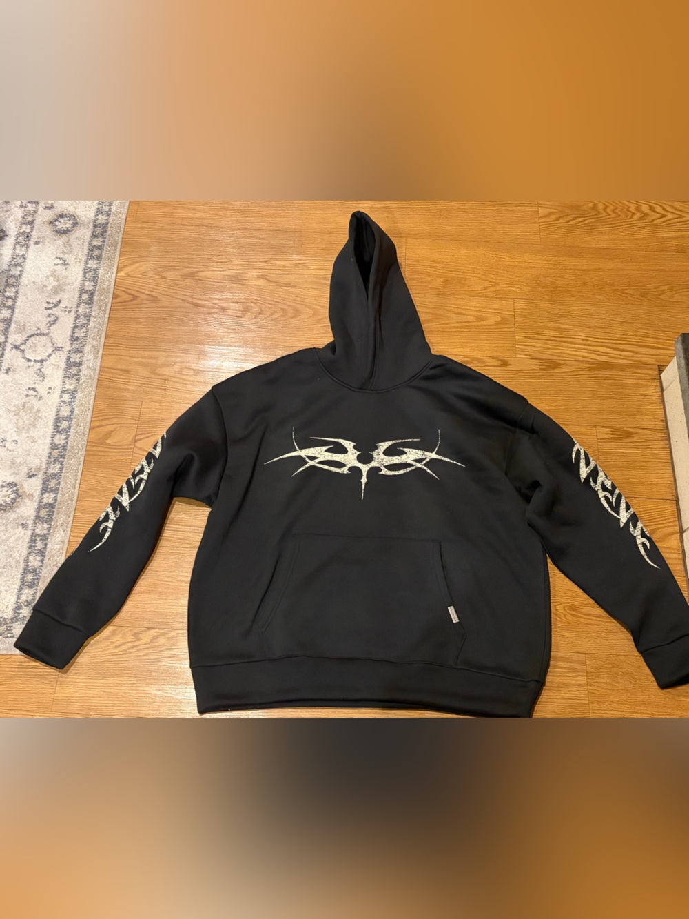 All Saints Black Crewneck Hoodie with Silver Tribal Graphic